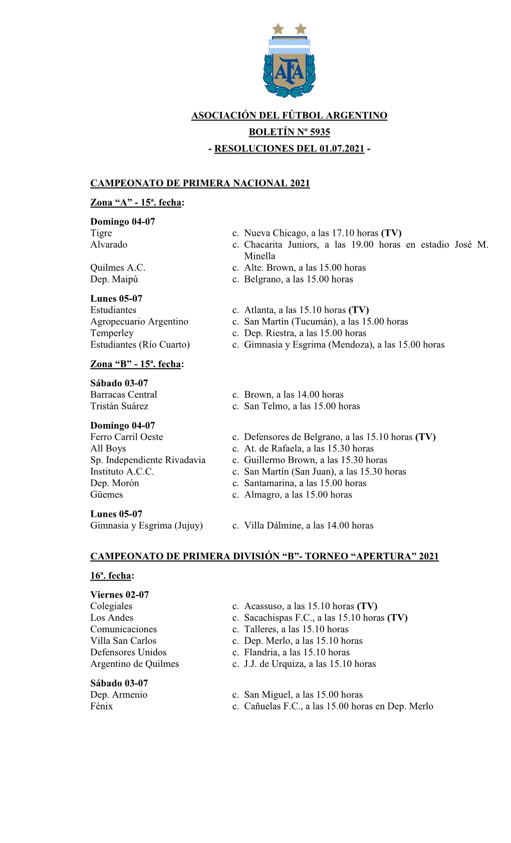 Asociación Del Fútbol Argentino Boletín Nº 5935 - Resoluciones Del 01.07.2021