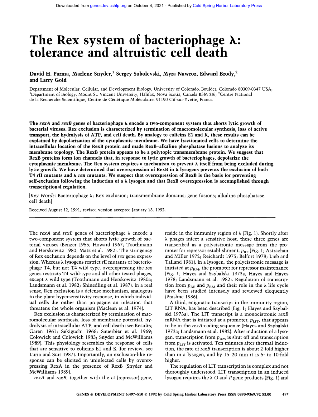 The Rex System of Bacteriophage K: Tolerance and Altruistic Cell Death