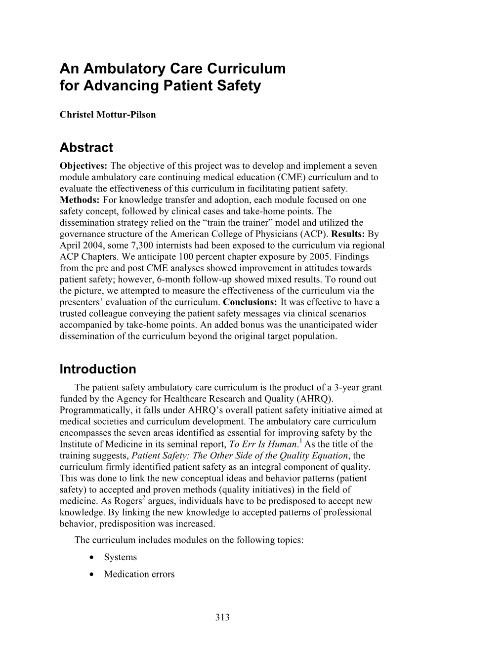 An Ambulatory Care Curriculum for Advancing Patient Safety