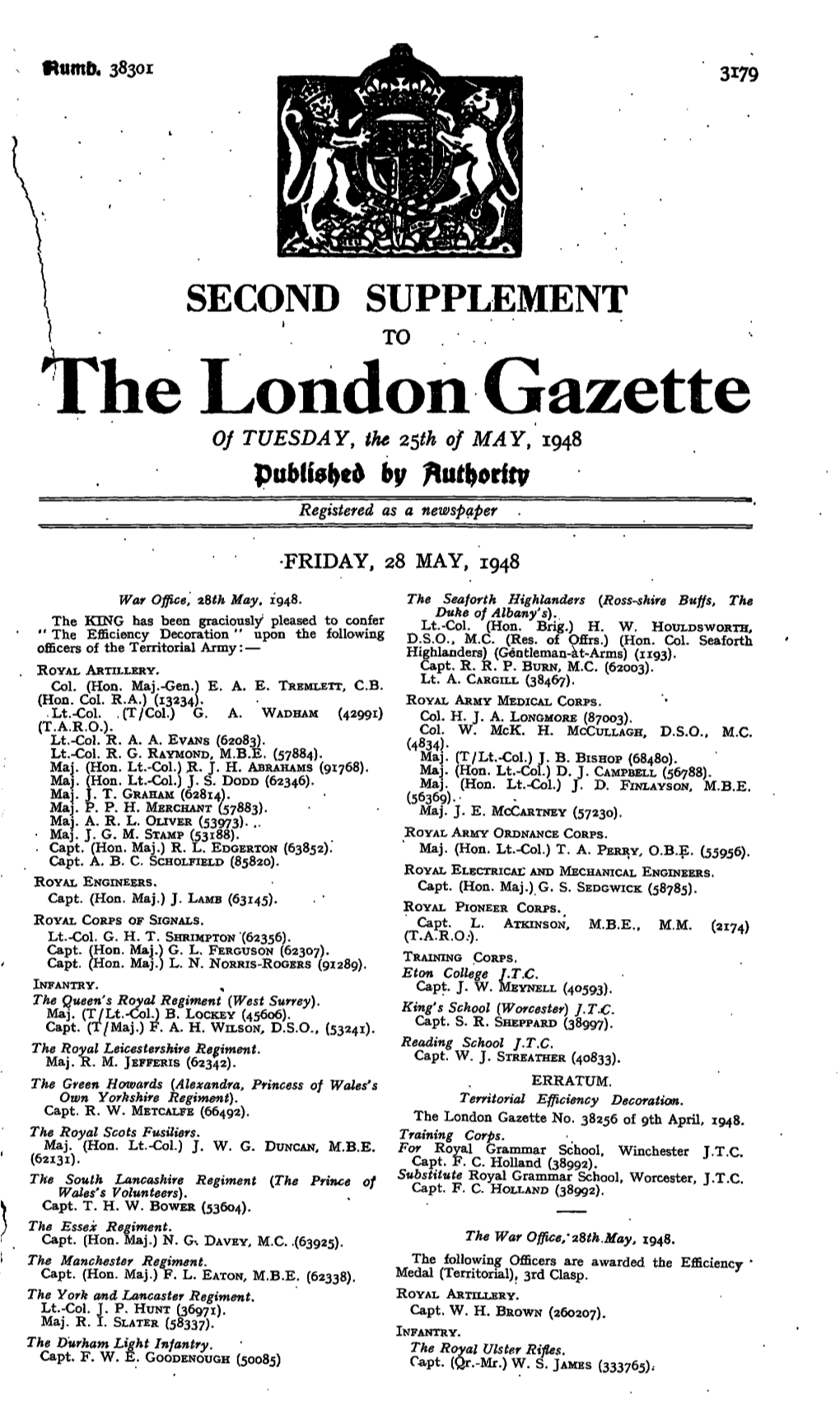 The London Gazette of TUESDAY, the 2$Th of MAY, 1948 by Registered As a Newspaper