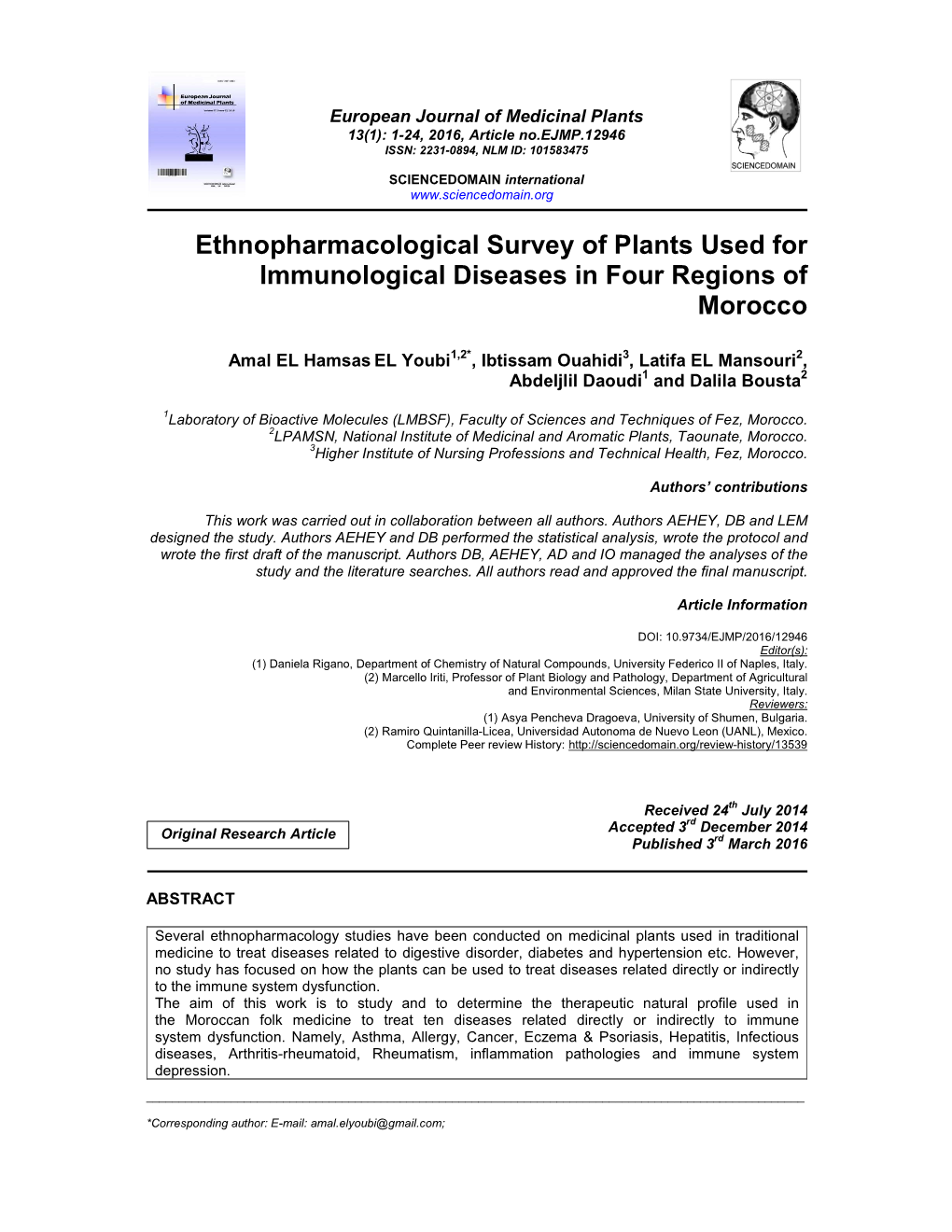 Ethnopharmacological Survey of Plants Used for Immunological Diseases in Four Regions of Morocco