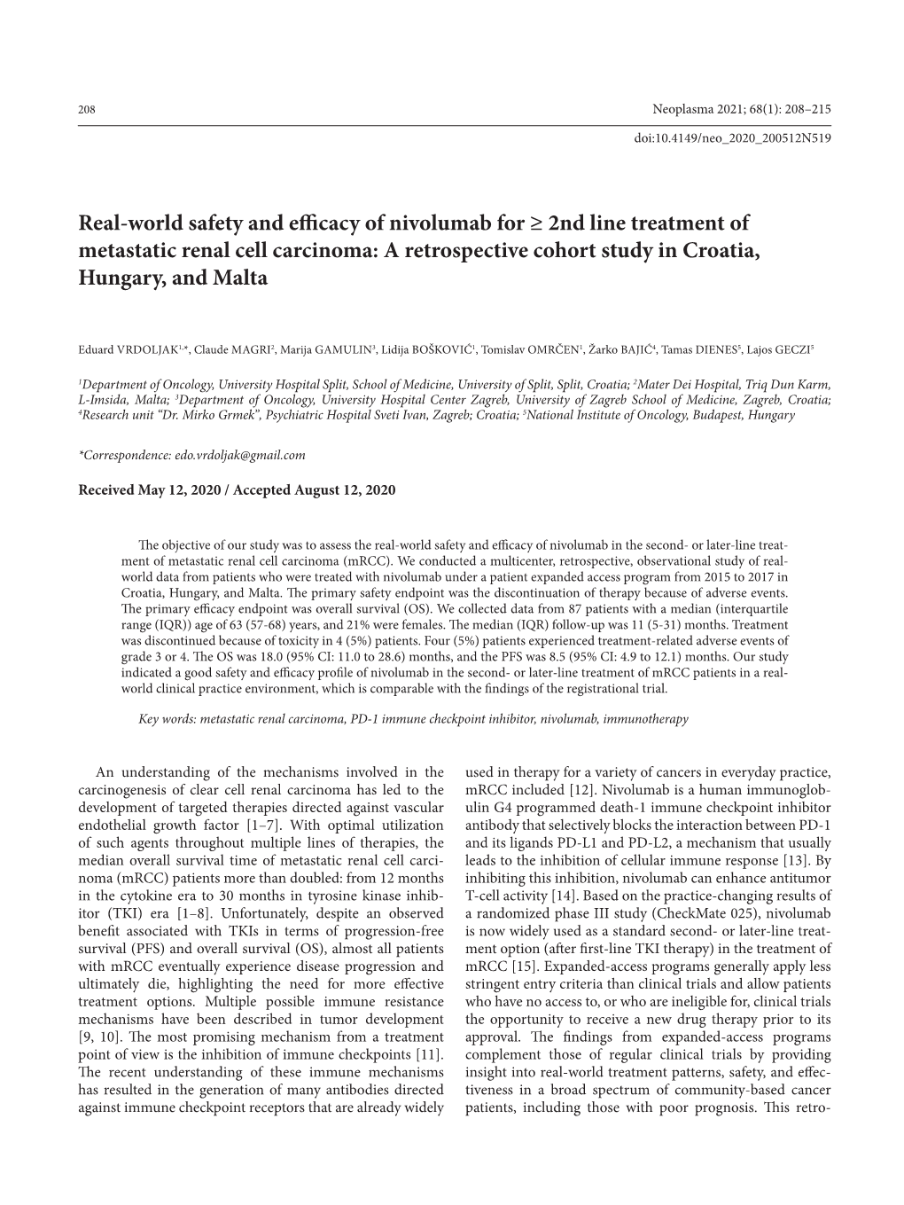 Real-World Safety and Efficacy of Nivolumab for ≥ 2Nd Line Treatment of Metastatic Renal Cell Carcinoma: a Retrospective Cohort Study in Croatia, Hungary, and Malta