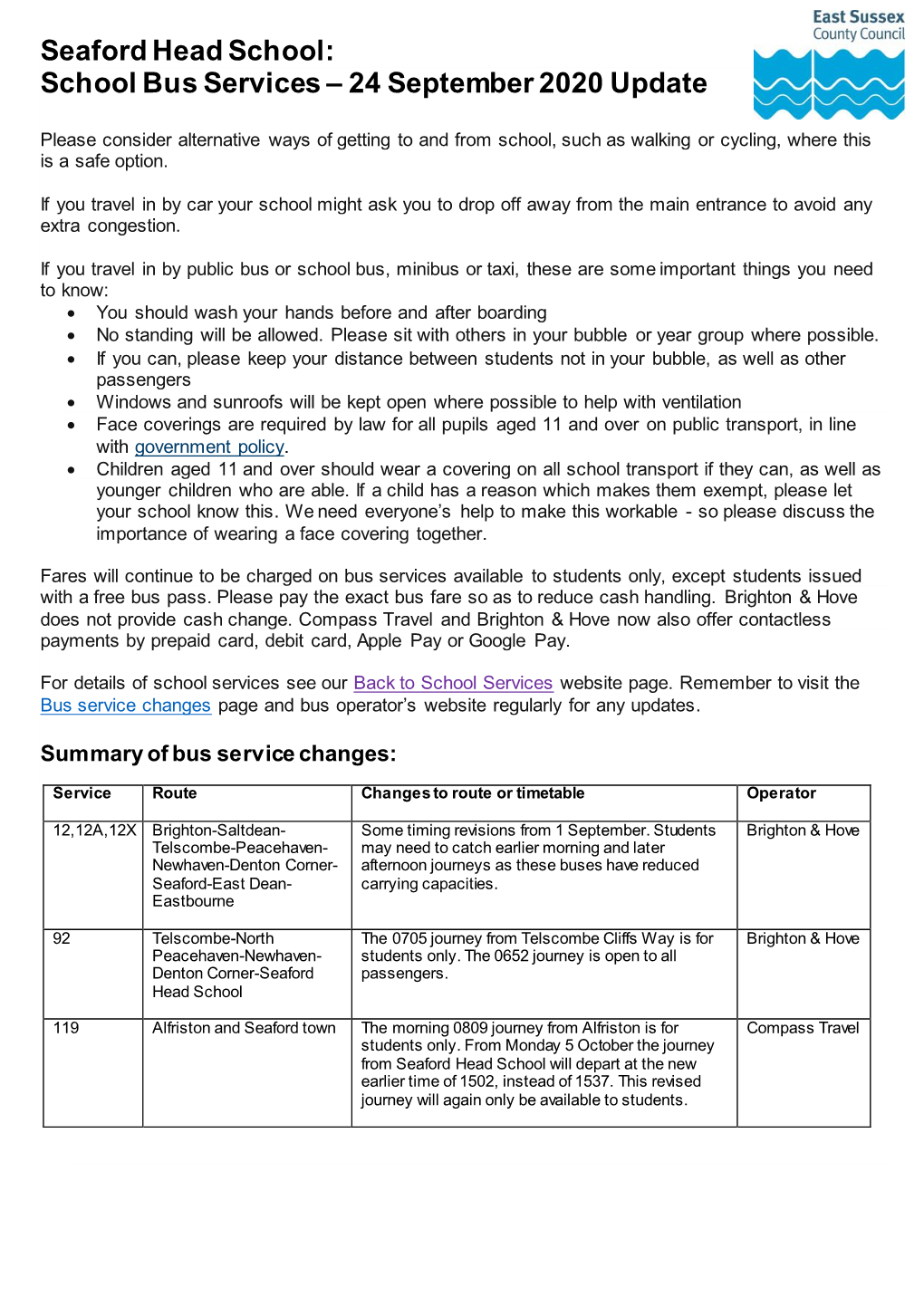 Seaford Head School: School Bus Services – 24 September 2020 Update