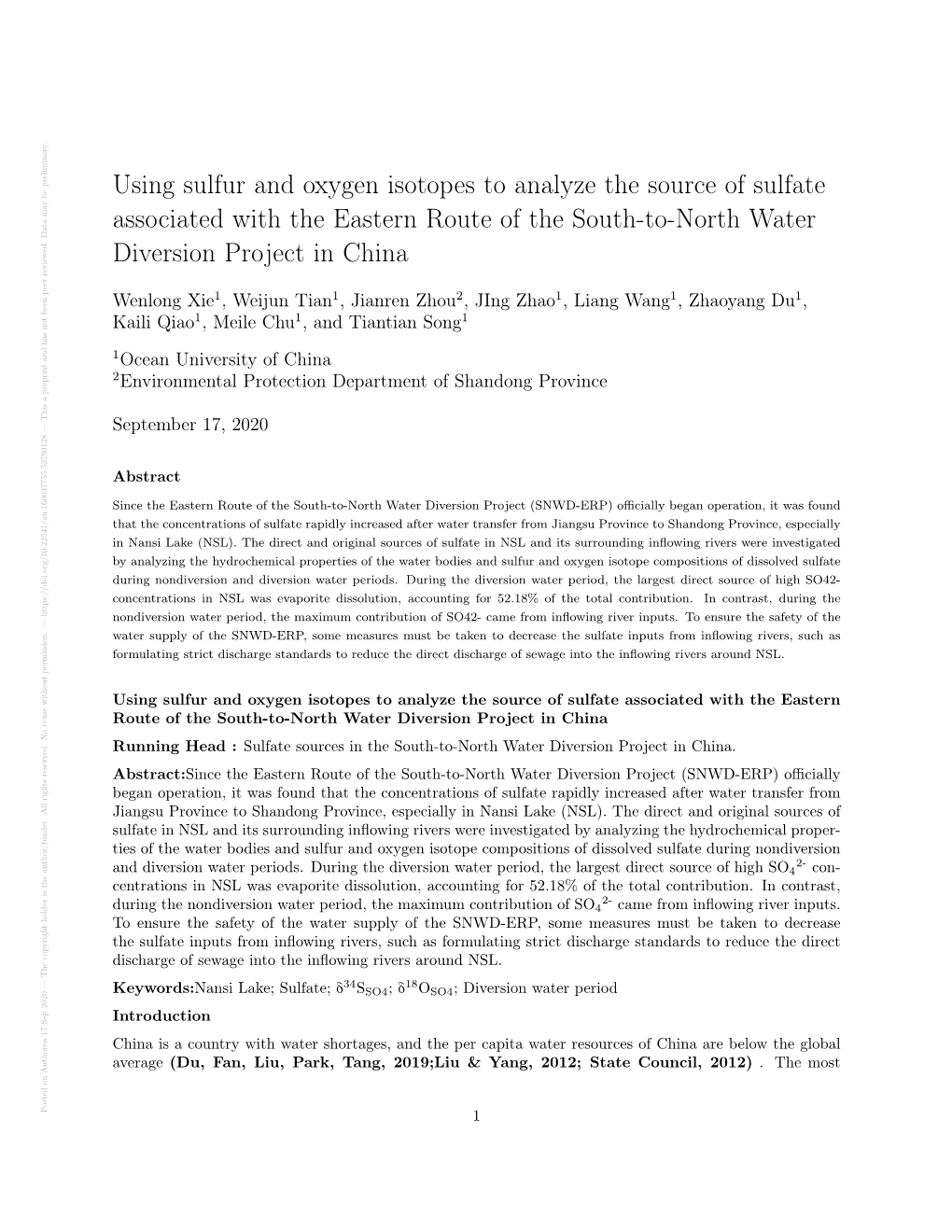 Using Sulfur and Oxygen Isotopes to Analyze the Source of Sulfate Associated with the Eastern Route of the South-To-North Water