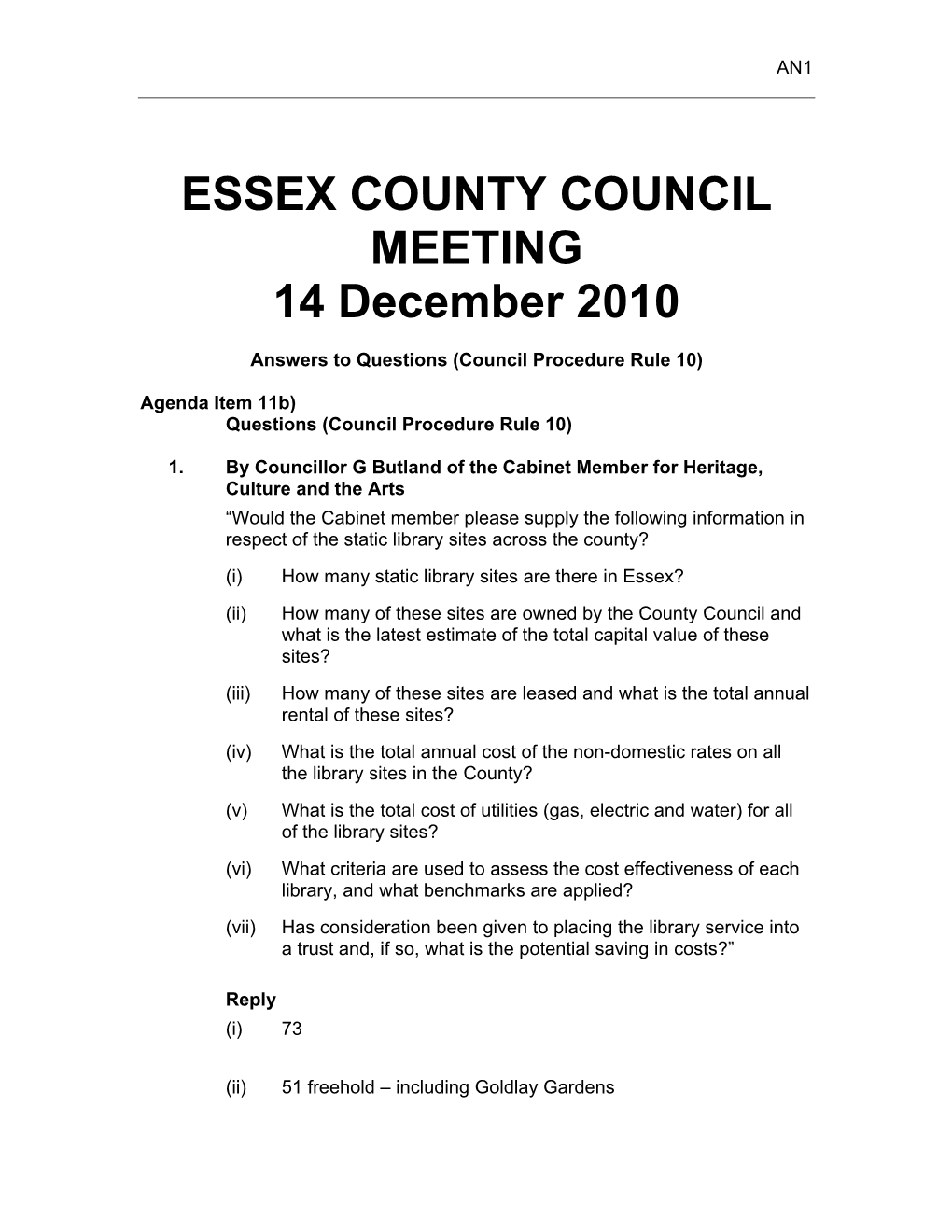 ESSEX COUNTY COUNCIL MEETING 14 December 2010