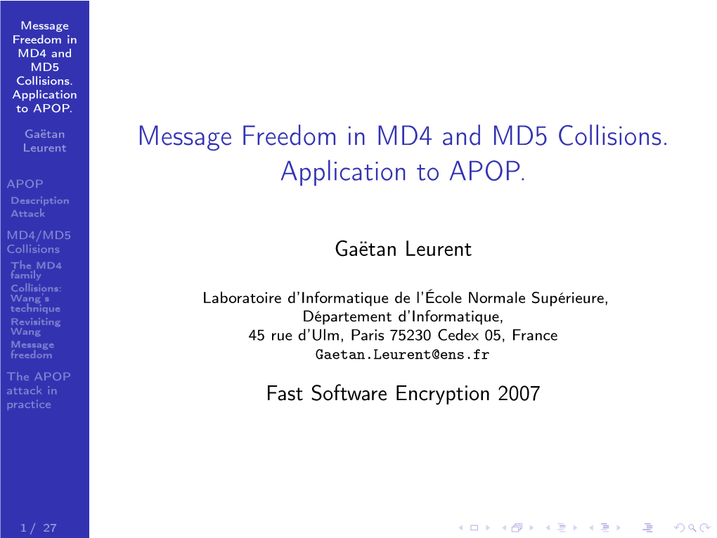 Message Freedom in MD4 and MD5 Collisions. Application to APOP