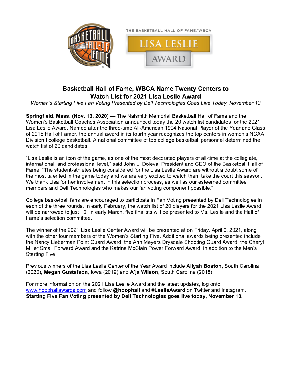 Basketball Hall of Fame, WBCA Name Twenty Centers to Watch List For