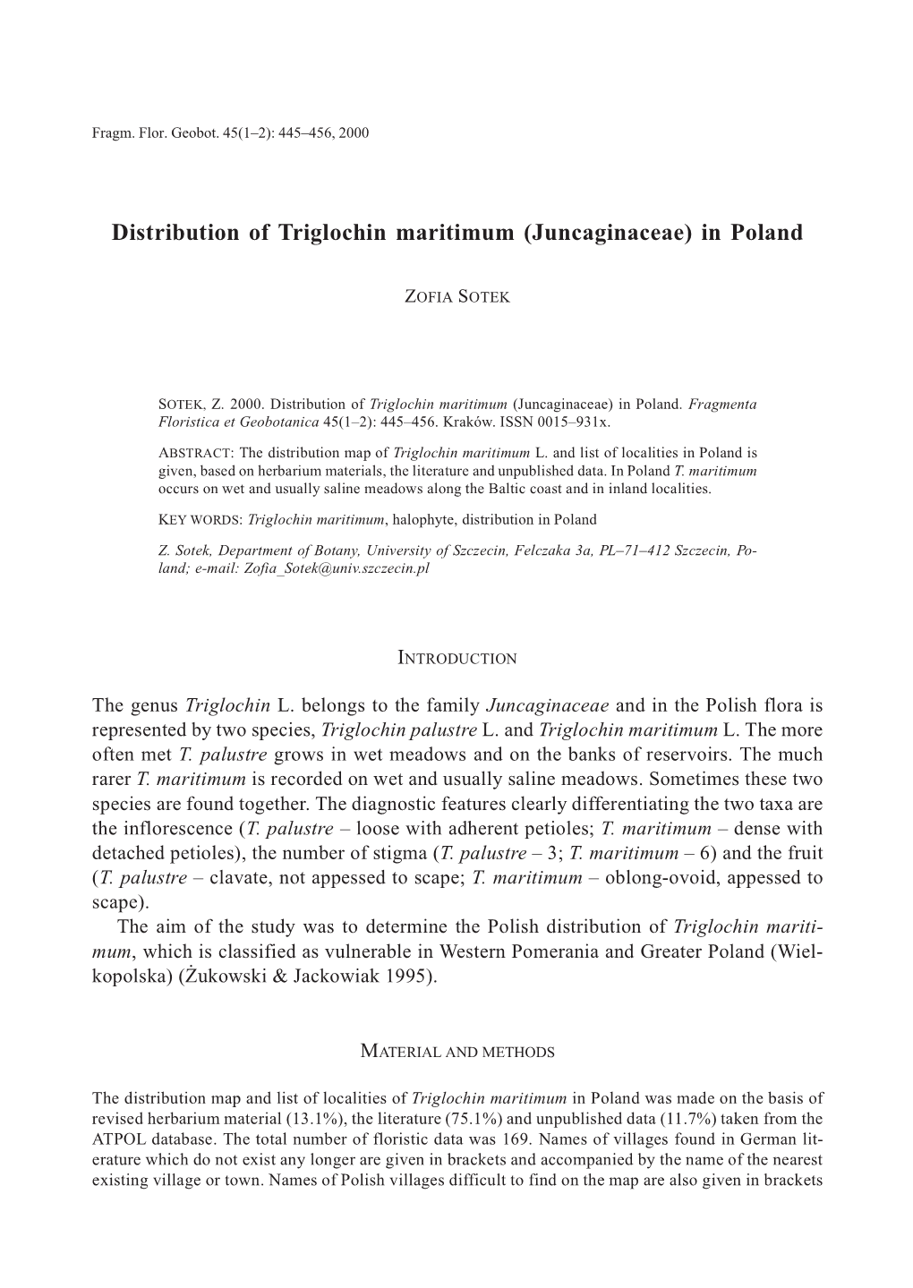 Distribution of Triglochin Maritimum (Juncaginaceae) in Poland