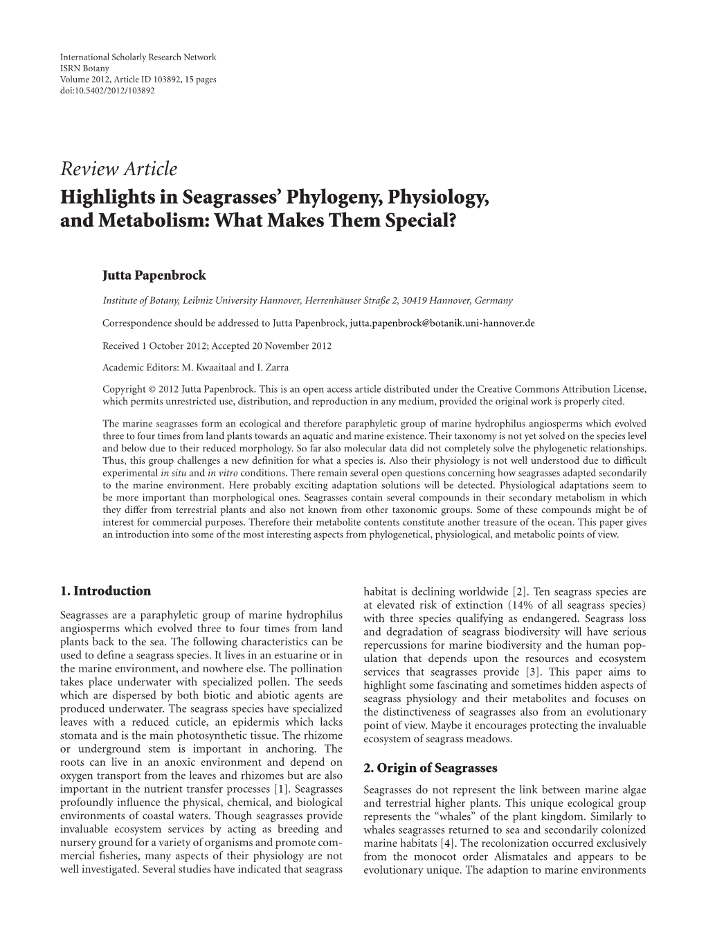 Review Article Highlights in Seagrasses' Phylogeny, Physiology