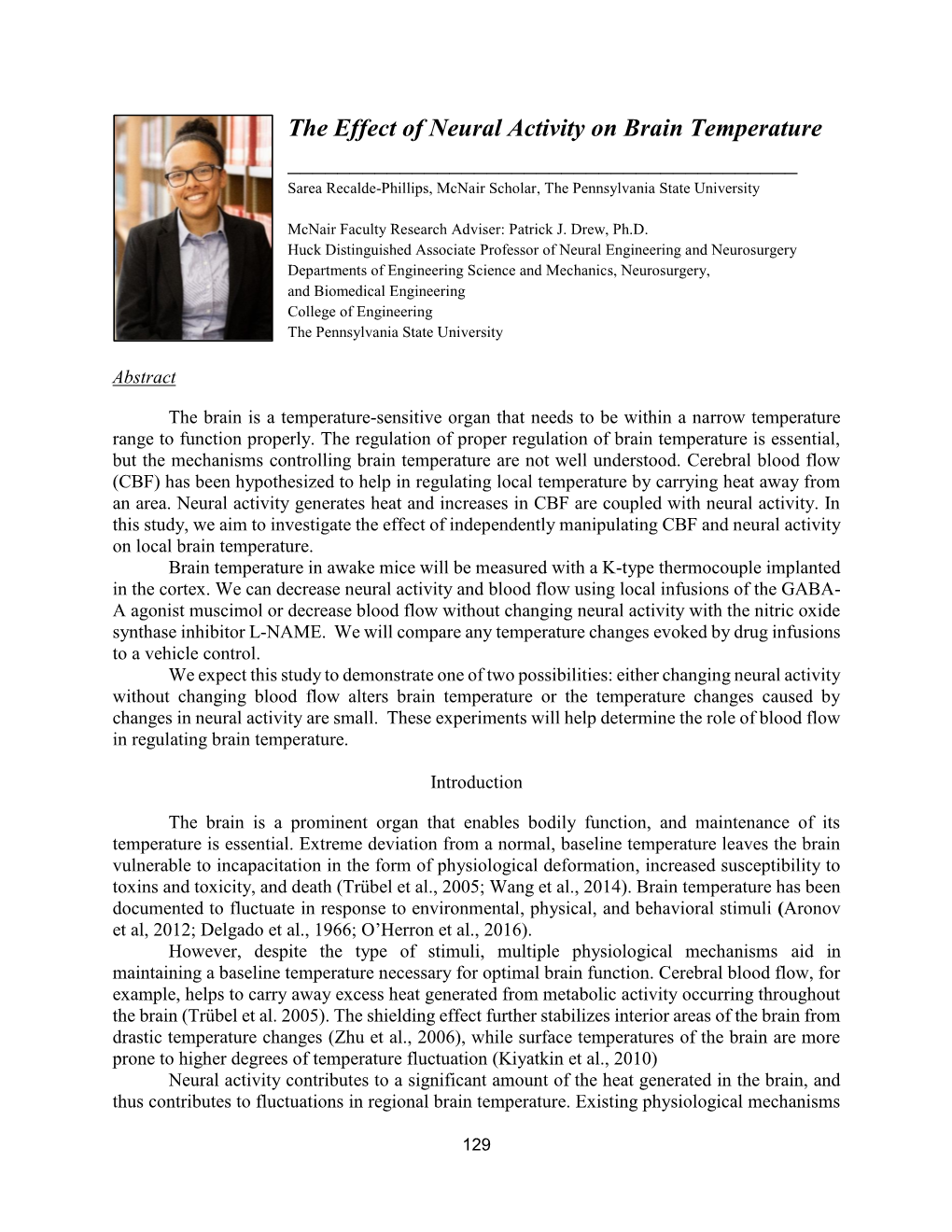 The Effect of Neural Activity on Brain Temperature ______Sarea Recalde-Phillips, Mcnair Scholar, the Pennsylvania State University