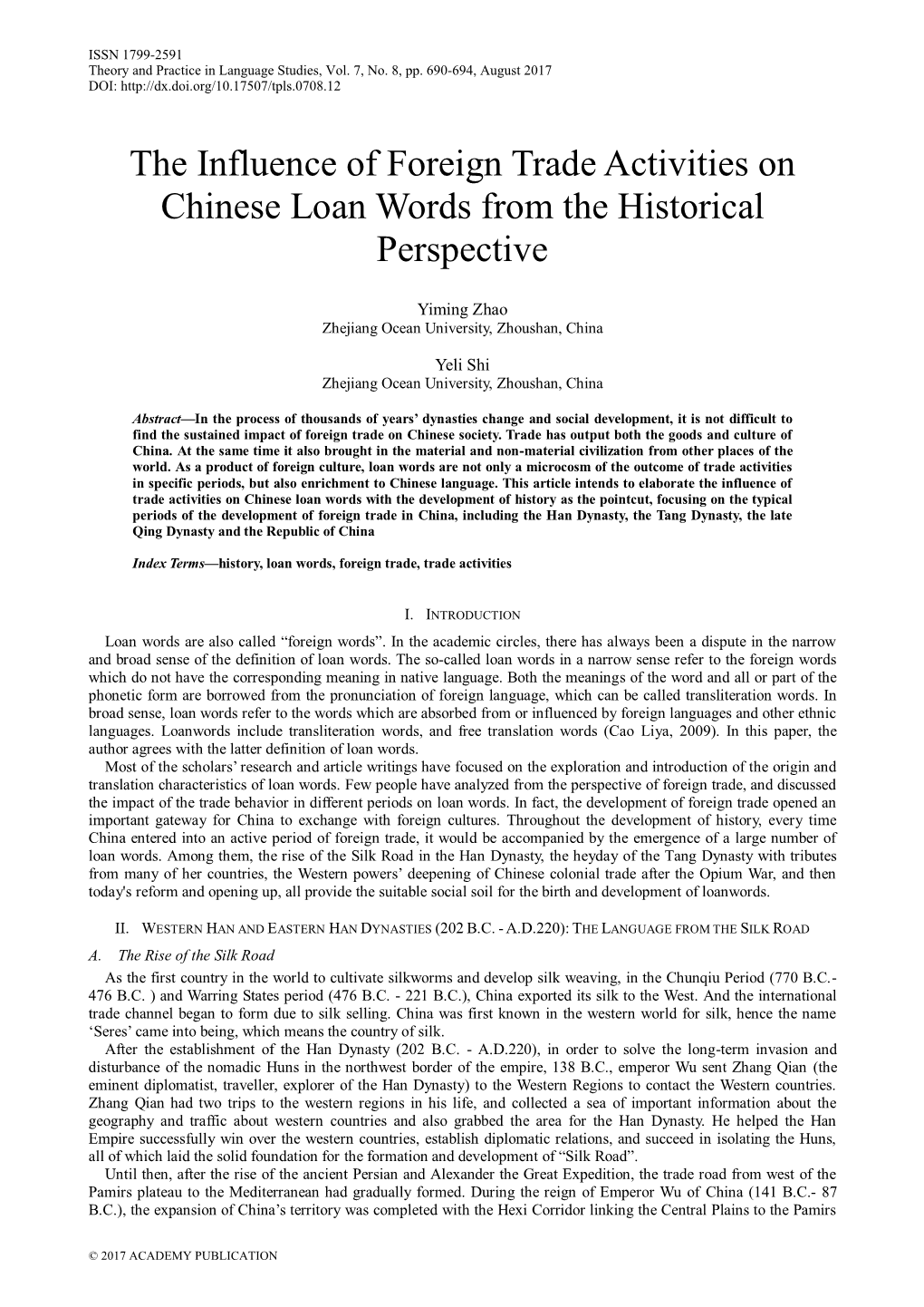 The Influence of Foreign Trade Activities on Chinese Loan Words from the Historical Perspective