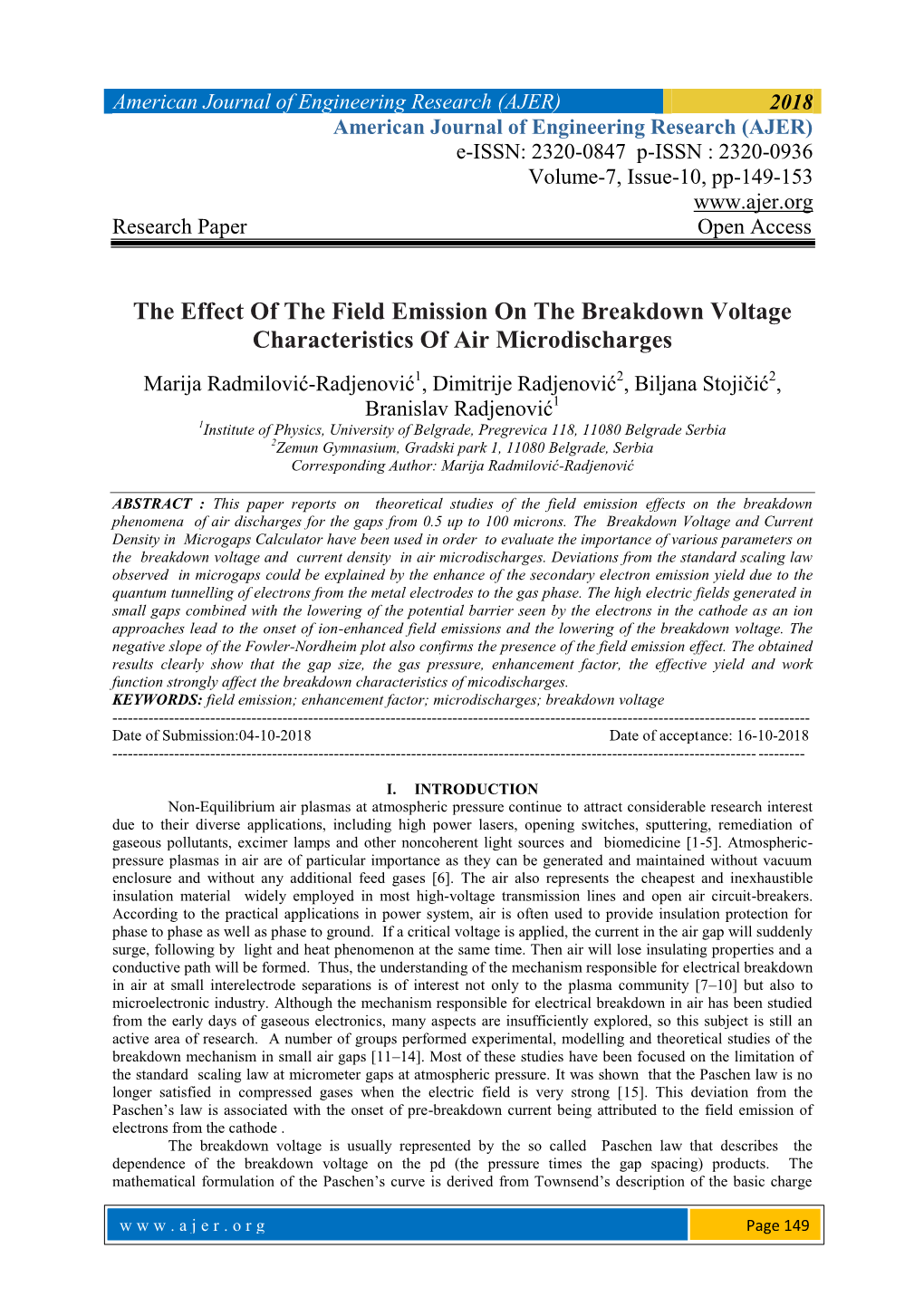 The Effect of the Field Emission on the Breakdown Voltage Characteristics of Air Microdischarges