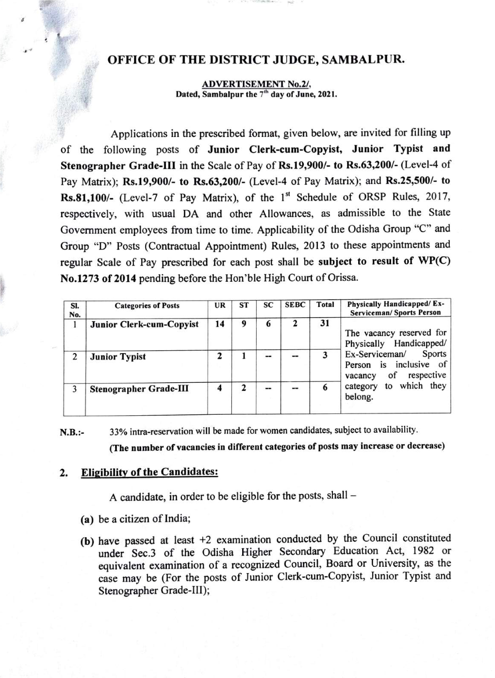 1 Junior Clerk-Cum-Copyist 14 2. Eligibility of the Candidates