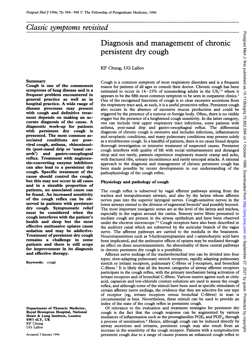 Diagnosis and Management of Chronic Persistent Dry Cough