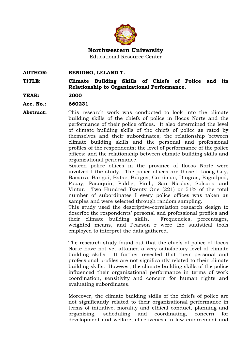 Climate Building Skills of Chiefs of Police and Its Relationship to Organizational Performance