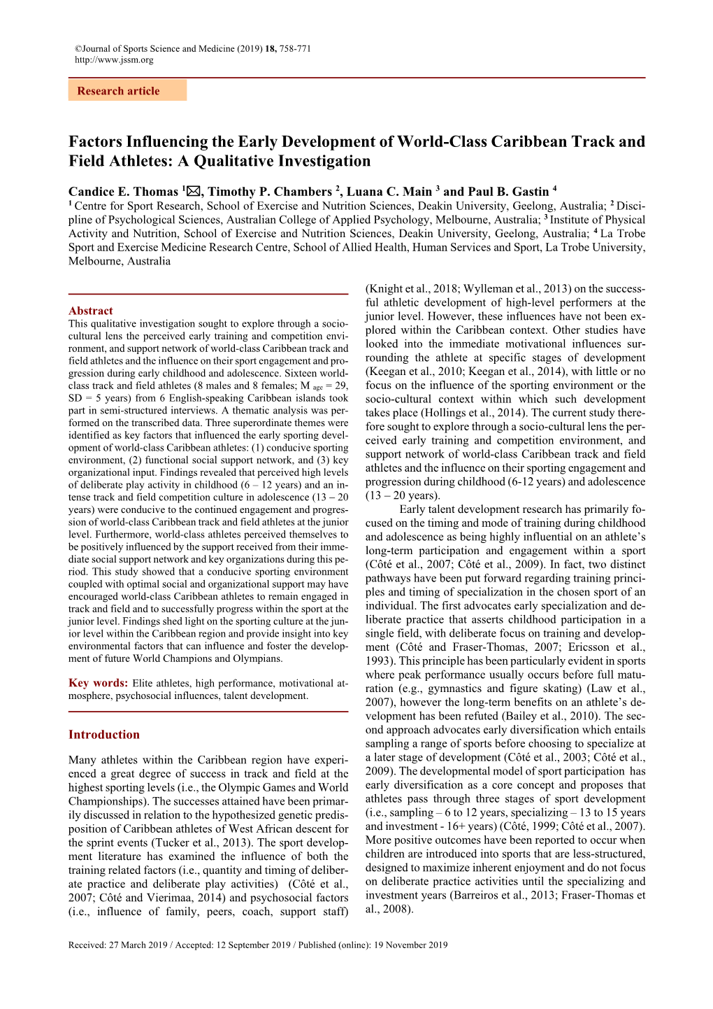 Factors Influencing the Early Development of World-Class Caribbean Track and Field Athletes: a Qualitative Investigation