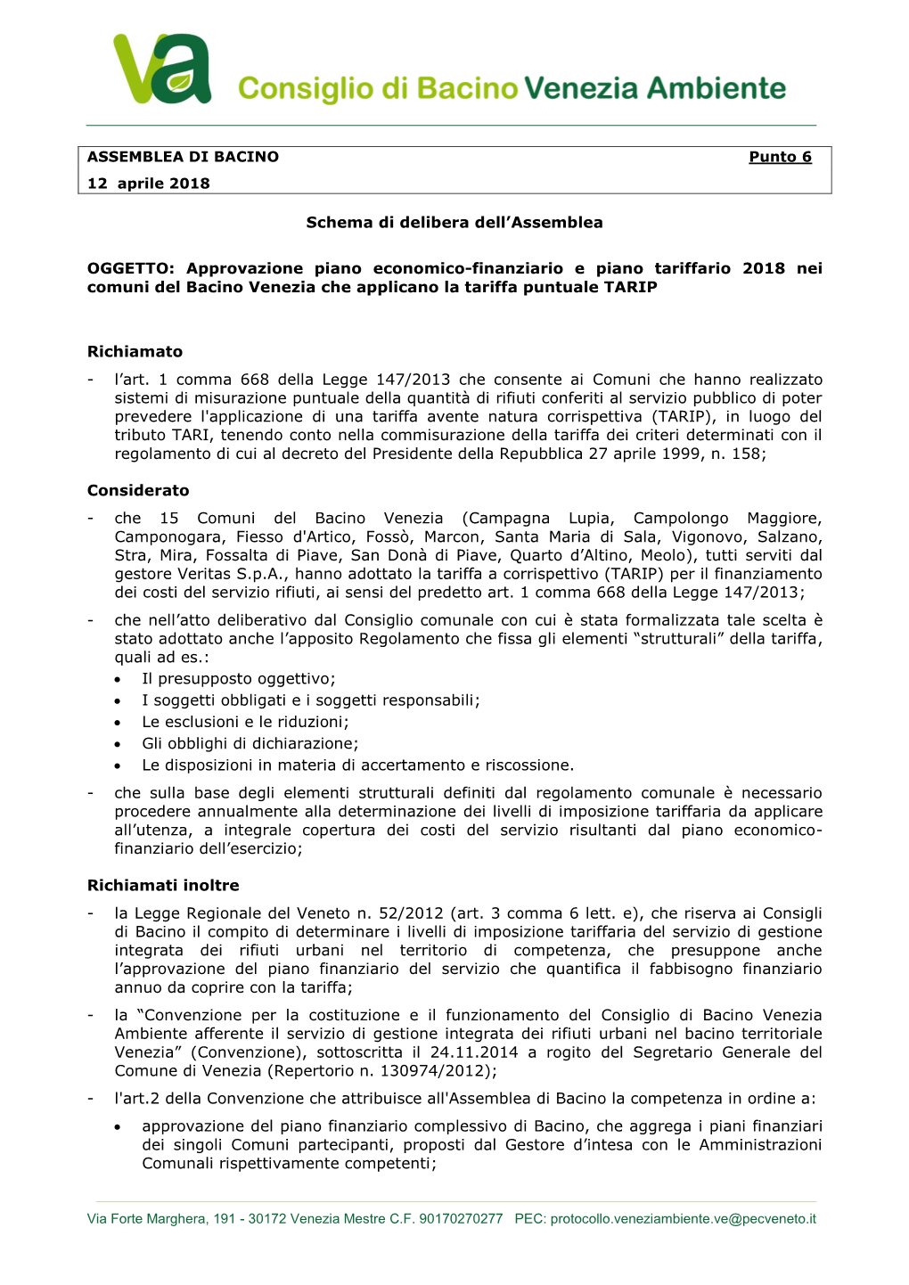 ASSEMBLEA DI BACINO Punto 6 12 Aprile 2018 Schema Di Delibera Dell