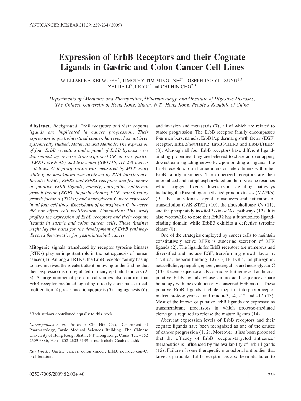 Expression of Erbb Receptors and Their Cognate Ligands in Gastric and Colon Cancer Cell Lines