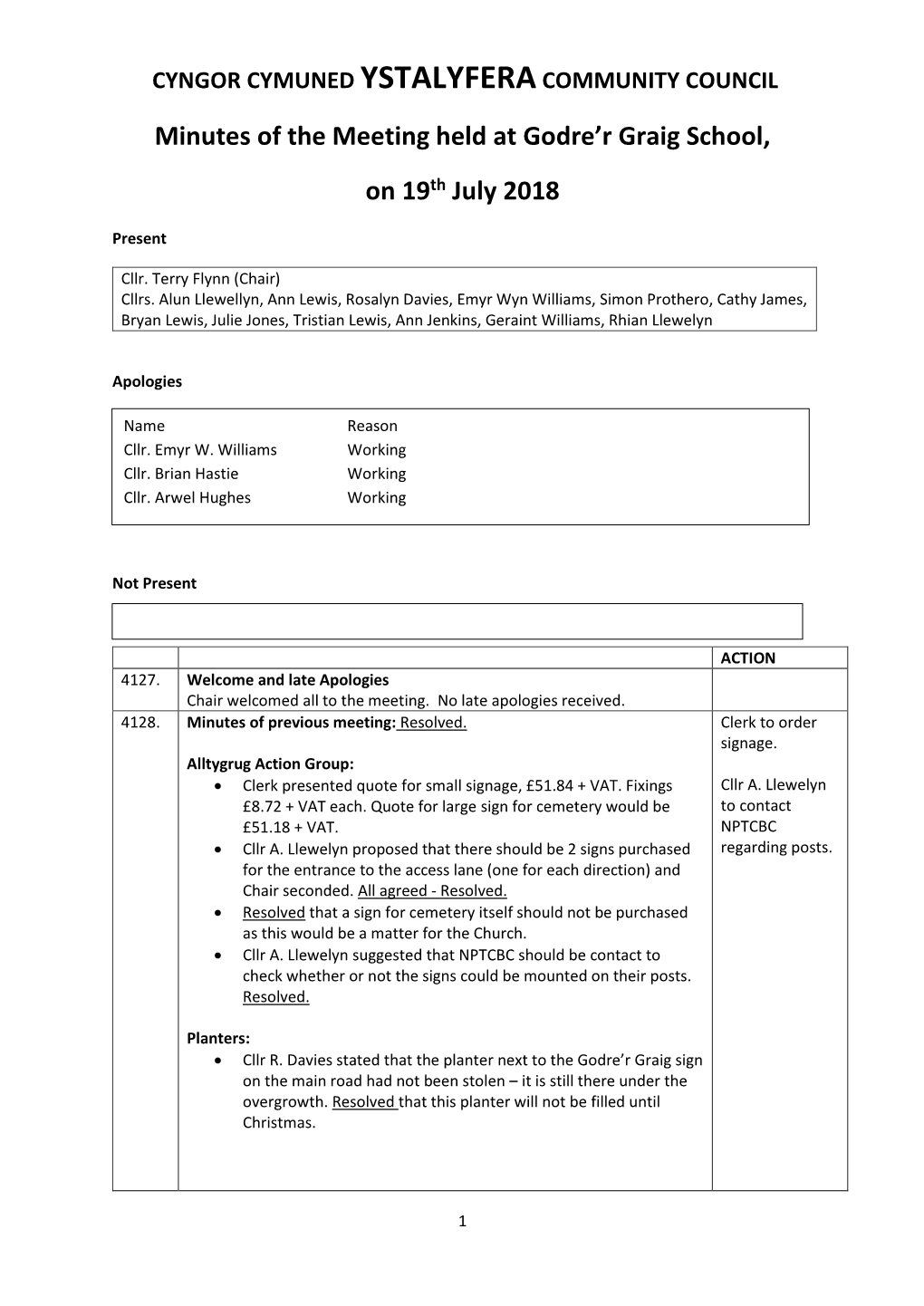 Minutes of the Meeting Held at Godre'r Graig School, on 19Th July 2018