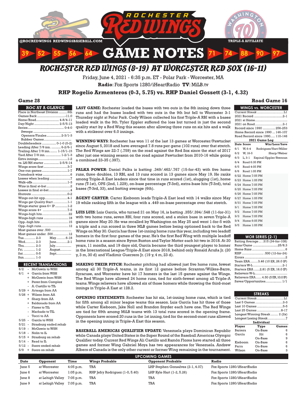 GAME NOTES Rochester Red Wings (8-19) at Worcester Red Sox (16-11) Friday, June 4, 2021 - 6:35 P.M