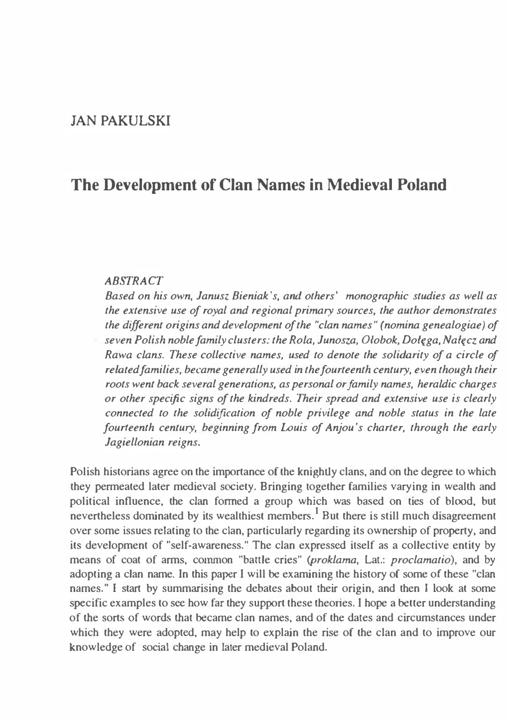 The Development of Clan Names in Medieval Poland