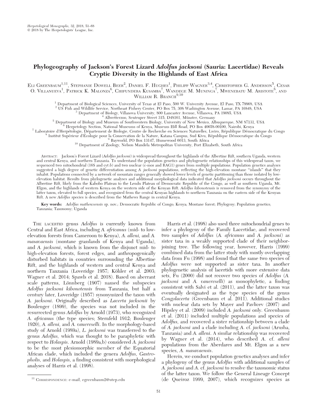 Phylogeography of Jackson's Forest Lizard Adolfus Jacksoni