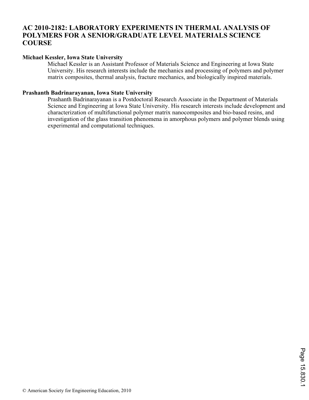 Laboratory Experiments in Thermal Analysis of Polymers for a Senior/Graduate Level Materials Science Course