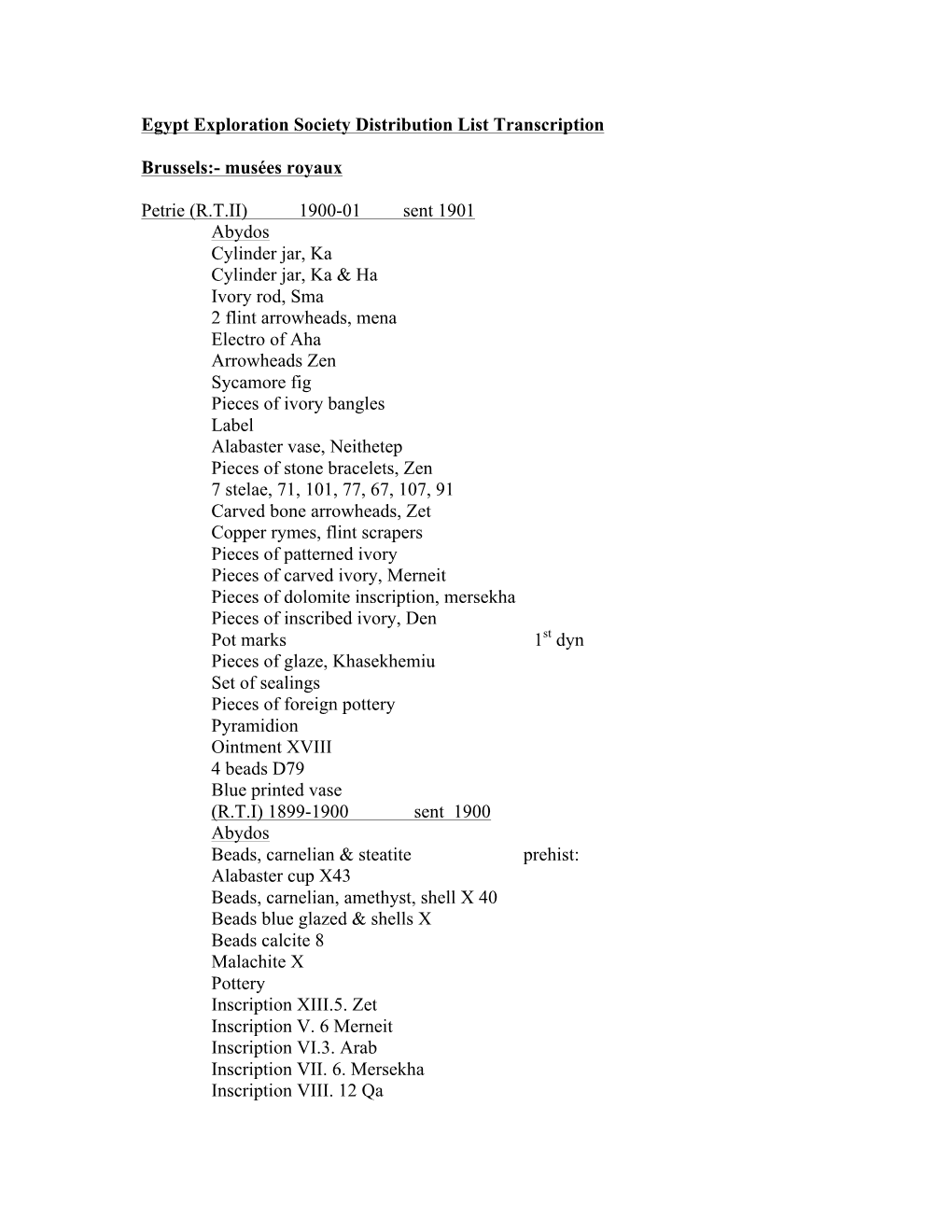 Egypt Exploration Society Distribution List Transcription Brussels