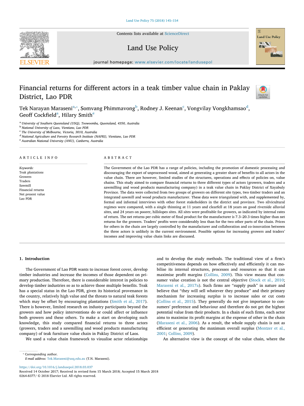 Financial Returns for Different Actors in a Teak Timber Value Chain in Paklay