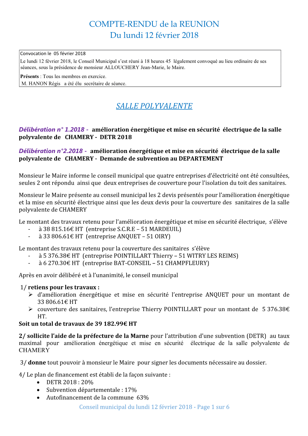 COMPTE-RENDU De La REUNION Du Lundi 12 Février 2018