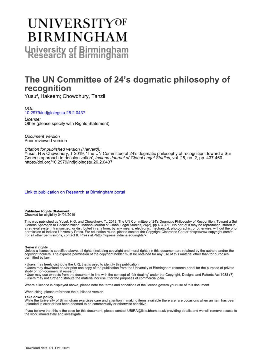 University of Birmingham the UN Committee of 24'S Dogmatic