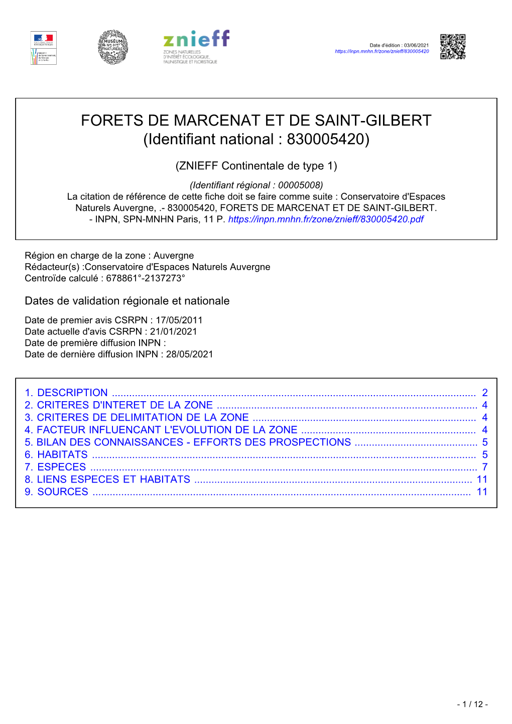 FORETS DE MARCENAT ET DE SAINT-GILBERT (Identifiant National : 830005420)