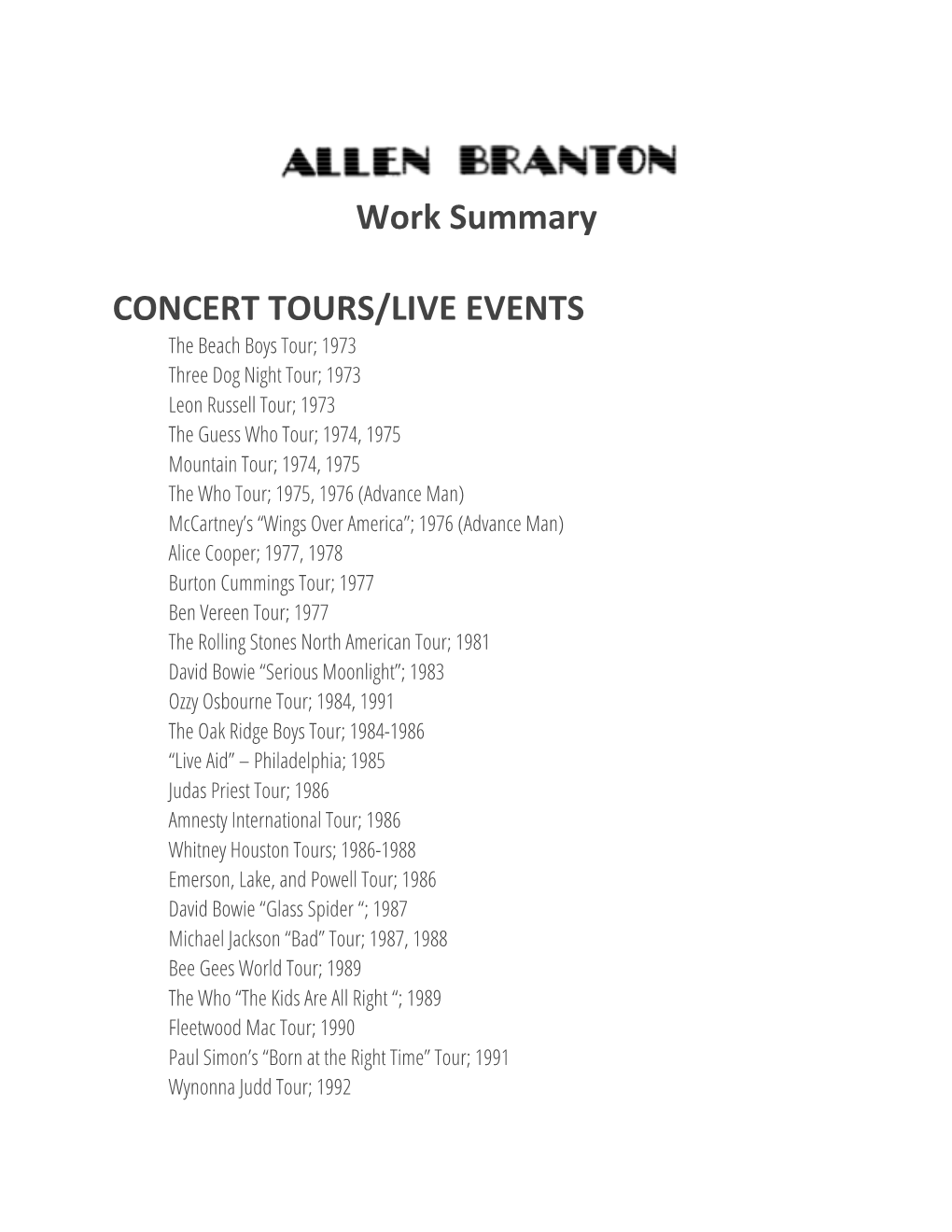 Work Summary CONCERT TOURS/LIVE EVENTS