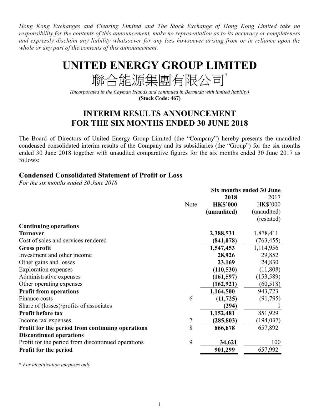 Interim Results Announcement for the Six Months Ended 30 June 2018