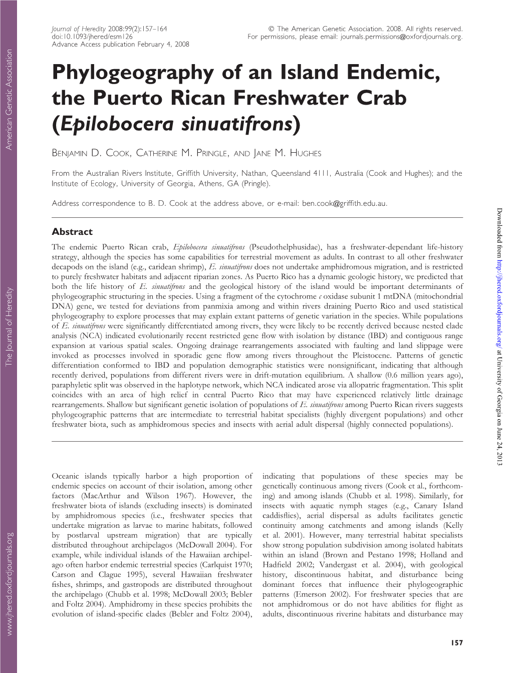 Phylogeography of an Island Endemic, the Puerto Rican Freshwater Crab (Epilobocera Sinuatifrons)