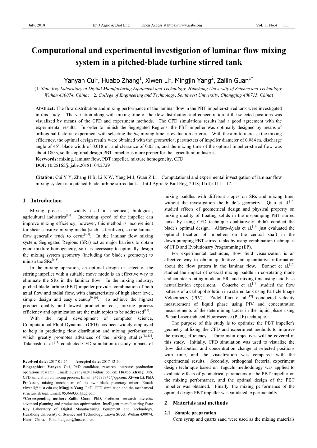 Computational and Experimental Investigation of Laminar Flow Mixing System in a Pitched-Blade Turbine Stirred Tank