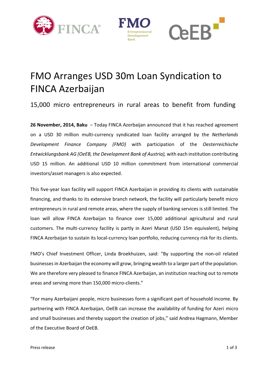 FMO Arranges USD 30M Loan Syndication to FINCA Azerbaijan 15,000 Micro Entrepreneurs in Rural Areas to Benefit from Funding