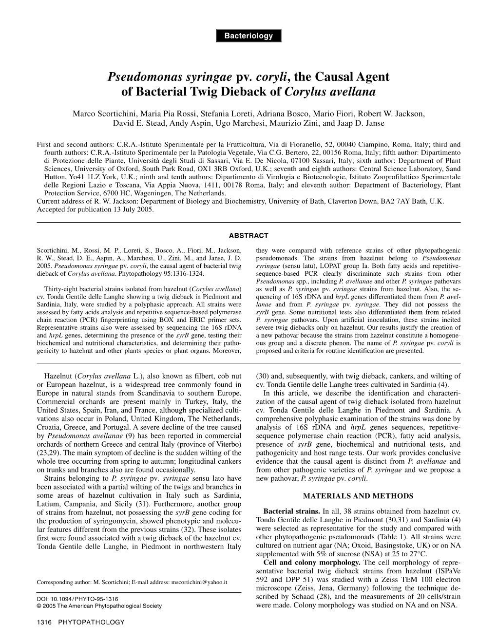 Pseudomonas Syringae Pv. Coryli, the Causal Agent of Bacterial Twig Dieback of Corylus Avellana