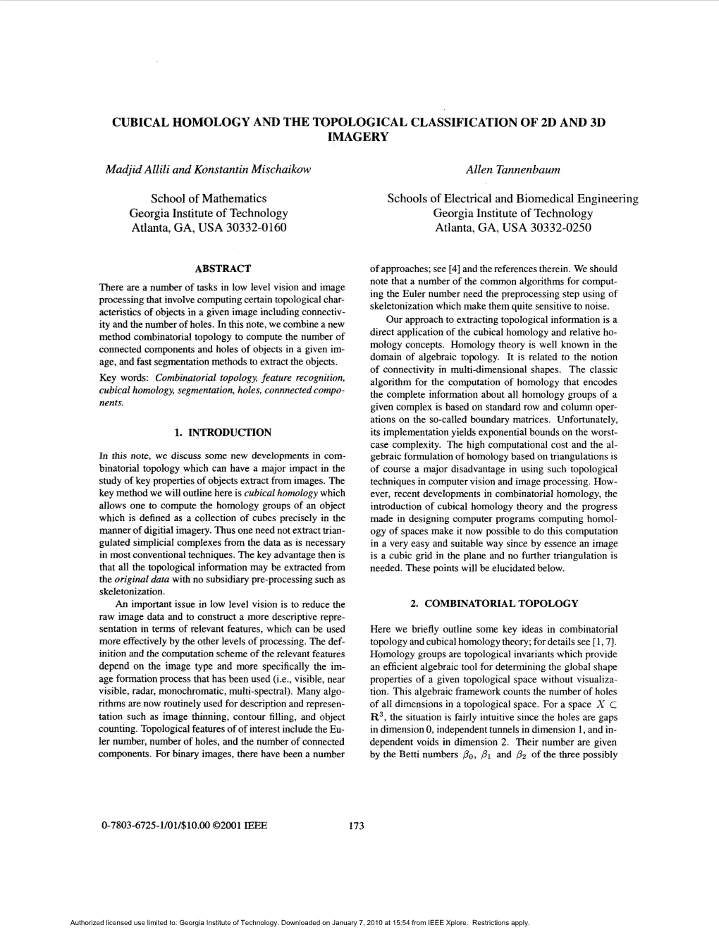 Cubical Homology and the Topological Classification of 2D and 3D Imagery