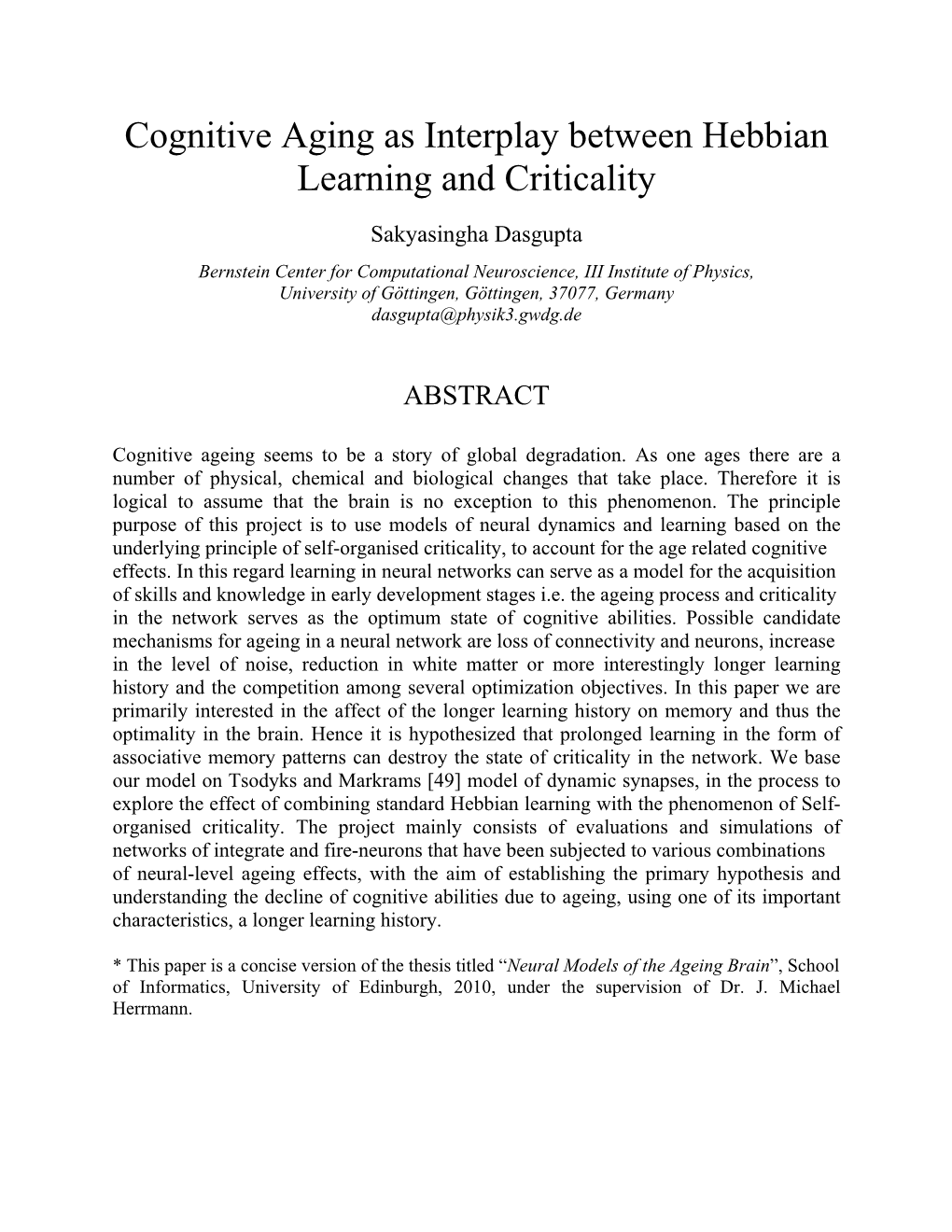 Cognitive Aging As Interplay Between Hebbian Learning and Criticality
