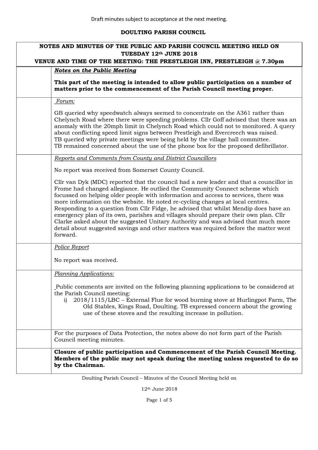 Draft Minutes Subject to Acceptance at the Next Meeting