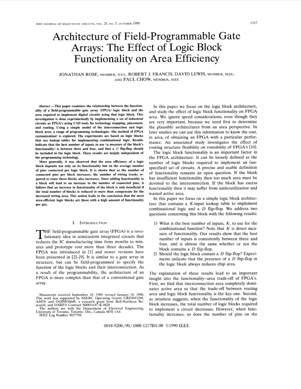 Architecture of Field-Programmable Gate Arrays: the Effect of Logic Block Functionality on Area Efficiency