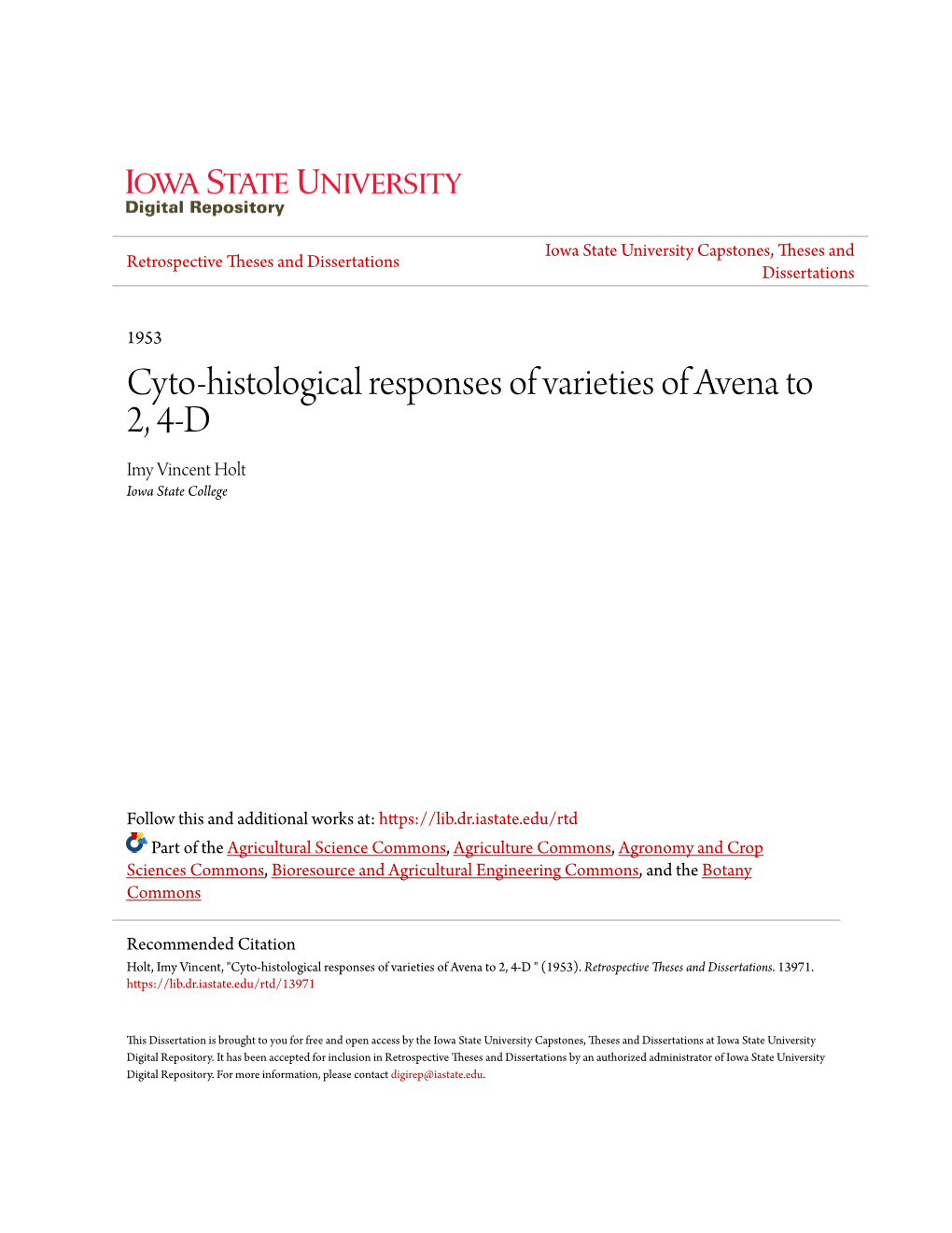 Cyto-Histological Responses of Varieties of Avena to 2, 4-D Imy Vincent Holt Iowa State College