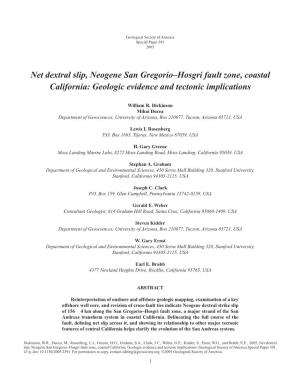 Net Dextral Slip, Neogene San Gregorio–Hosgri Fault Zone, Coastal California: Geologic Evidence and Tectonic Implications