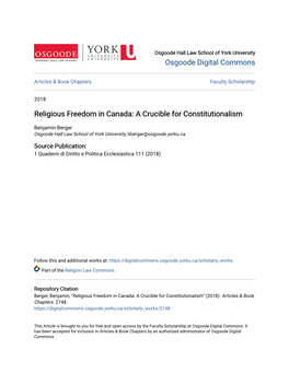 Religious Freedom in Canada: a Crucible for Constitutionalism