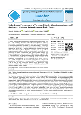 Growth Parameters of a Threatened Species Chondrostoma Holmwoodii (Boulenger, 1896) from Tahtalı Reservoir, İzmir, Turkey