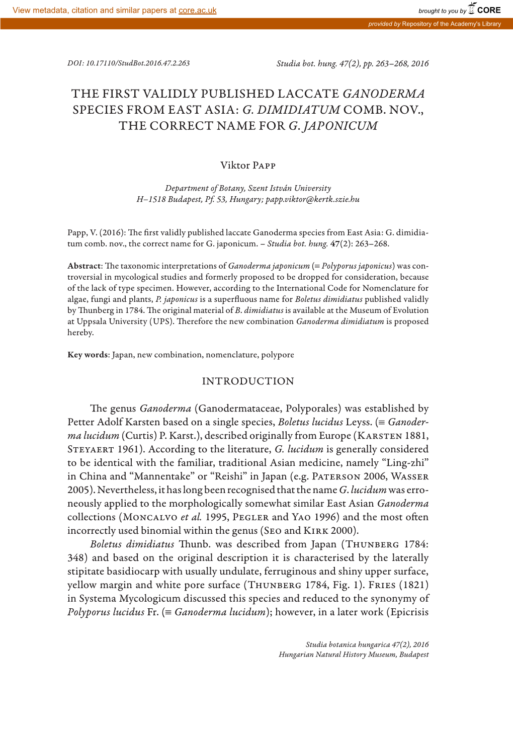 The First Validly Published Laccate Ganoderma Species from East Asia: G