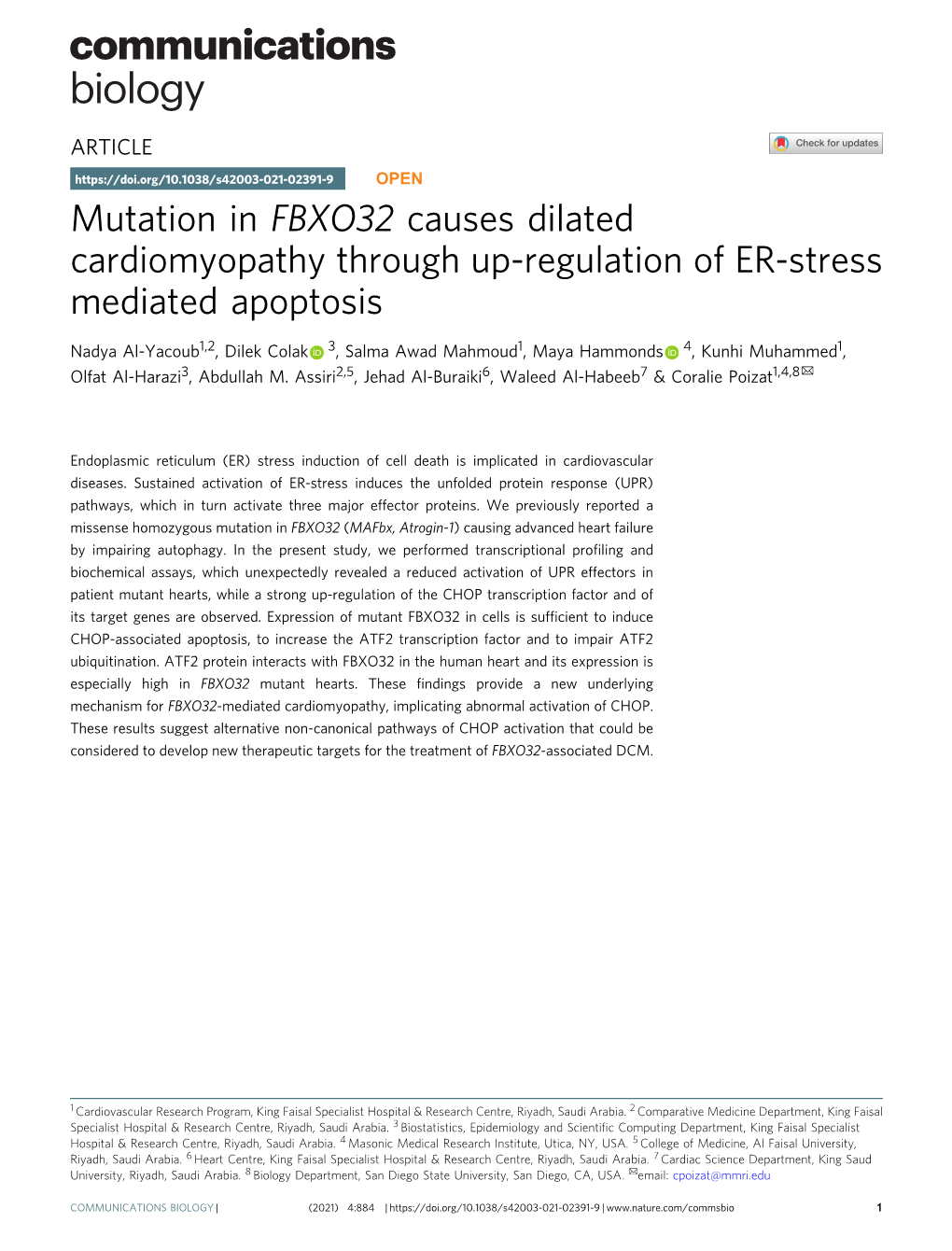 Mutation in FBXO32 Causes Dilated Cardiomyopathy Through Up-Regulation of ER-Stress Mediated Apoptosis