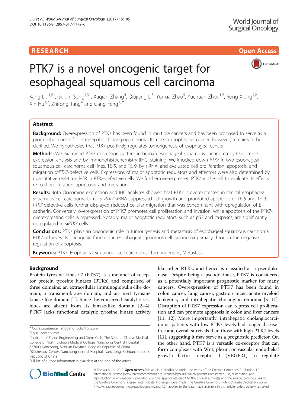 PTK7 Is a Novel Oncogenic Target for Esophageal Squamous Cell Carcinoma