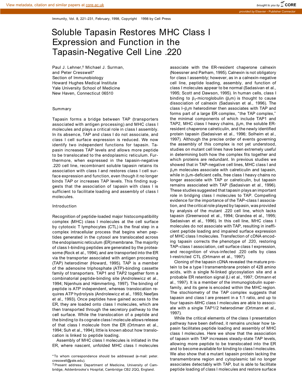 Soluble Tapasin Restores MHC Class I Expression and Function in the Tapasin-Negative Cell Line .220
